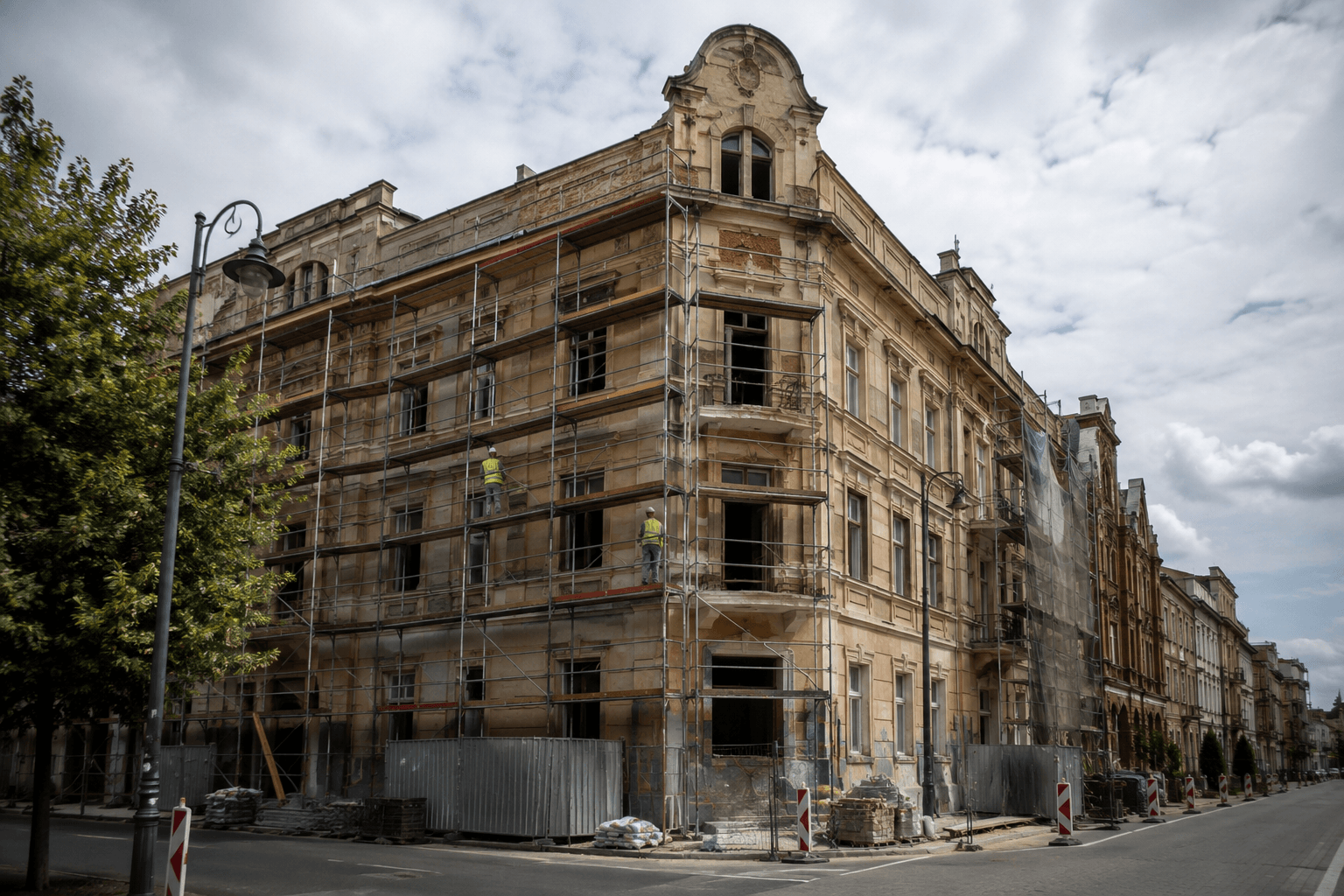 Fasada zabytkowej kamienicy z detalem architektonicznym